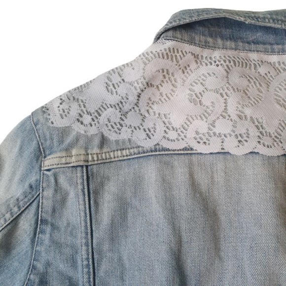 Size L 12 Designer Cropped Distressed Denim & Lace Jacket - Picture 11 of 15